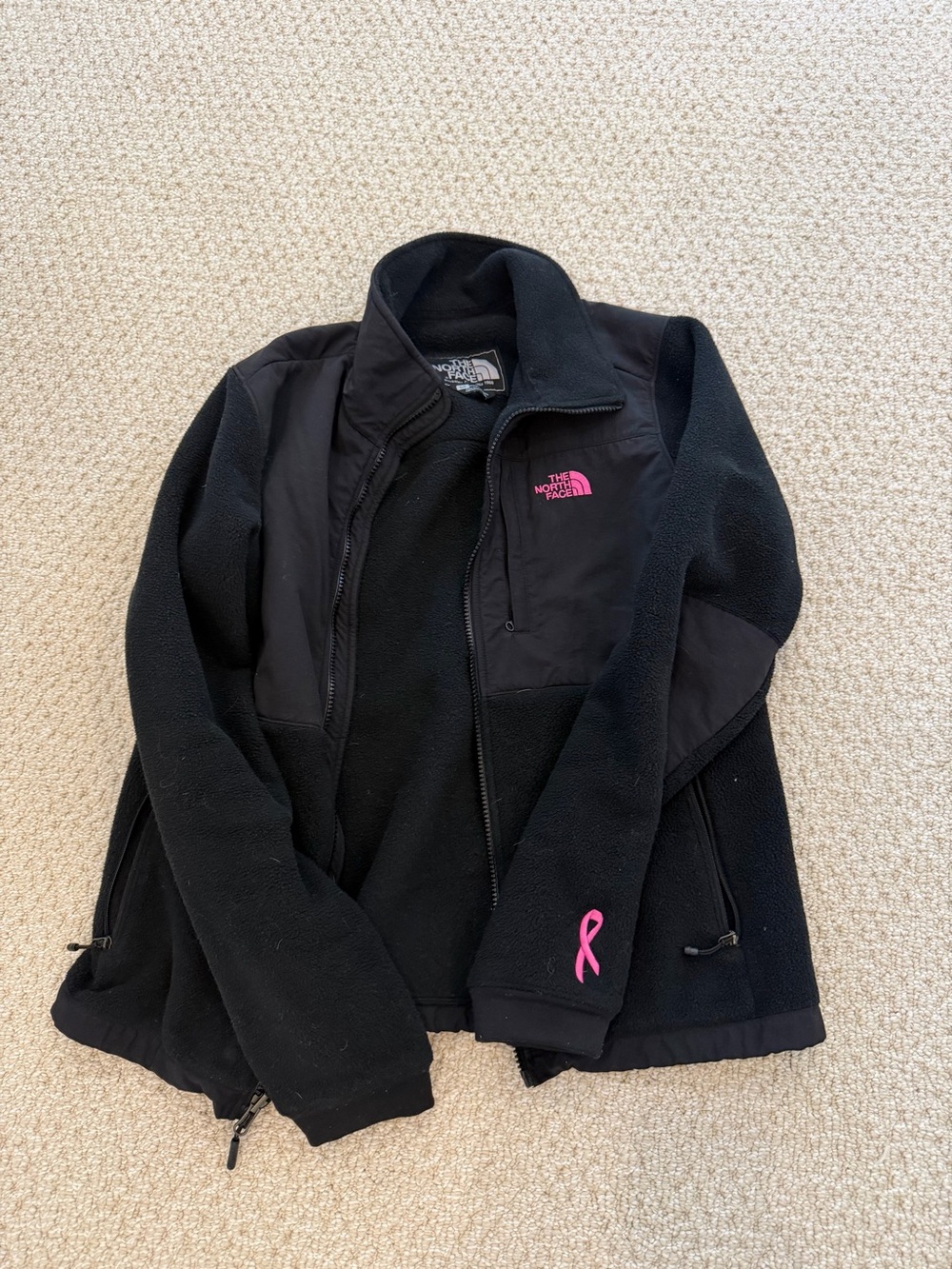 The North Face Black Fleece Jacket with Pink Logo & Ribbon